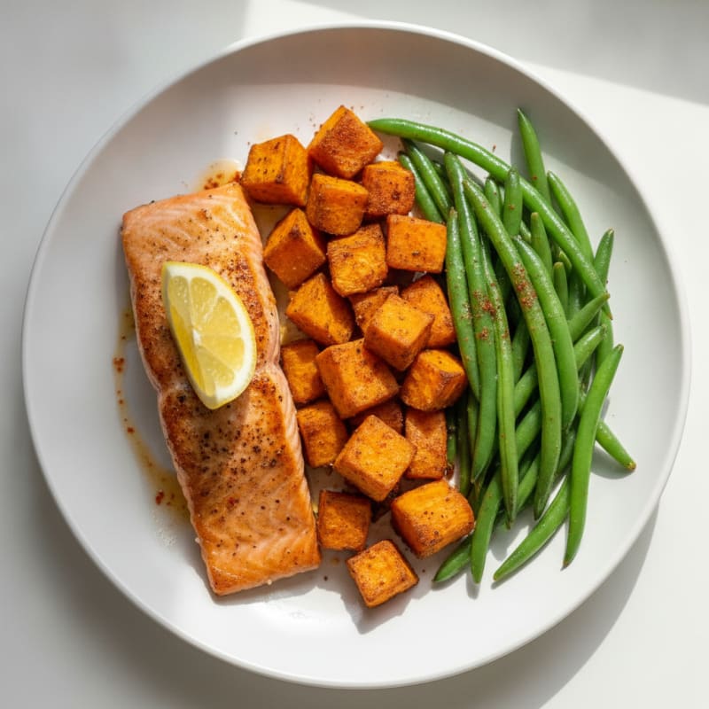 Seared Salmon Fillet with Roasted Sweet Potato and Green Beans