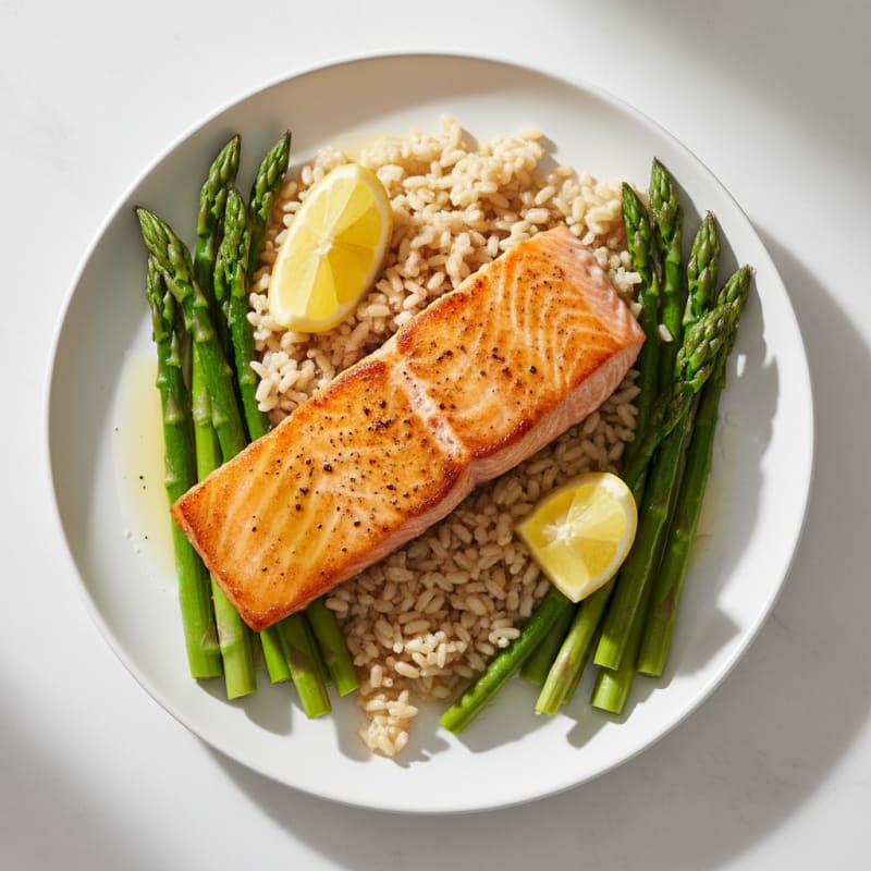Seared Salmon with Steamed Asparagus and Brown Rice