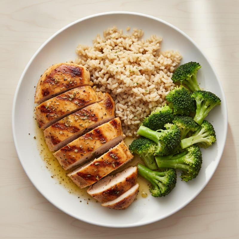 Grilled Lemon Herb Chicken Breast with Brown Rice and Steamed Broccoli