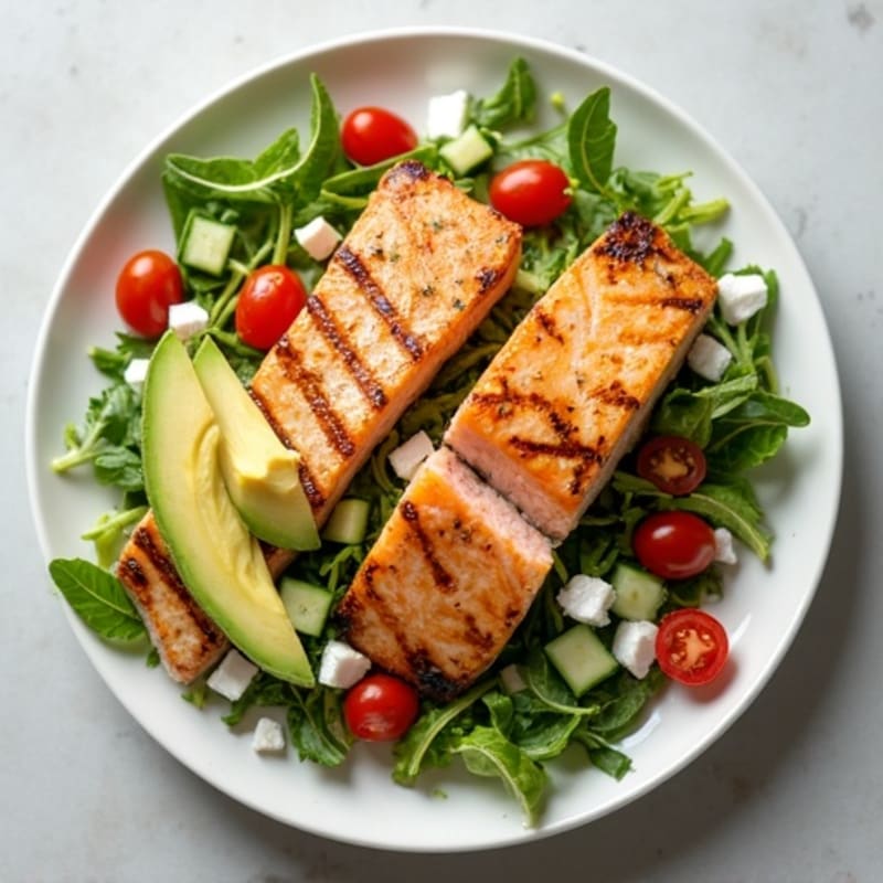 Grilled Salmon and Avocado Salad with Toasted English Muffin