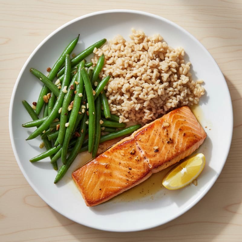 Seared Salmon with Garlic Green Beans and Brown Rice