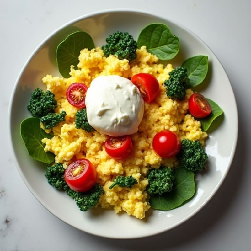Egg White Spinach Scramble with Cottage Cheese and Cherry Tomatoes