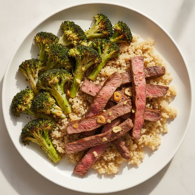 Seared Lean Beef Strips with Roasted Broccoli and Quinoa