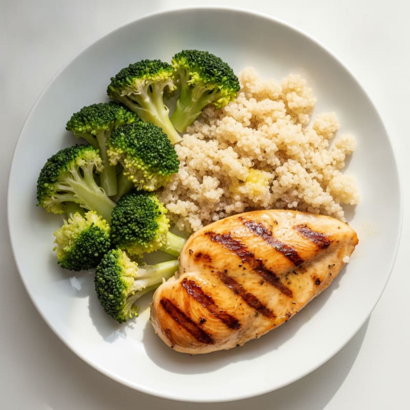 Grilled Chicken Breast with Steamed Broccoli and Quinoa