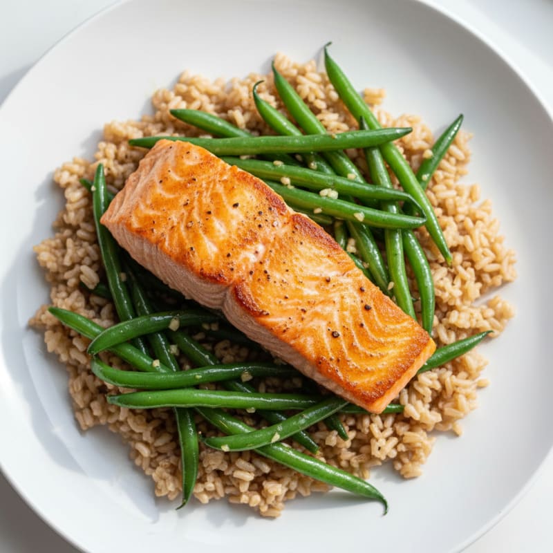 Seared Salmon with Garlic Green Beans and Brown Rice