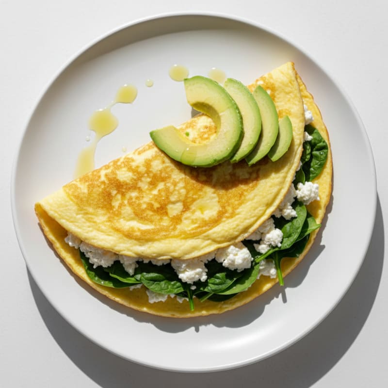Egg White Spinach Omelette with Cottage Cheese and Sliced Avocado
