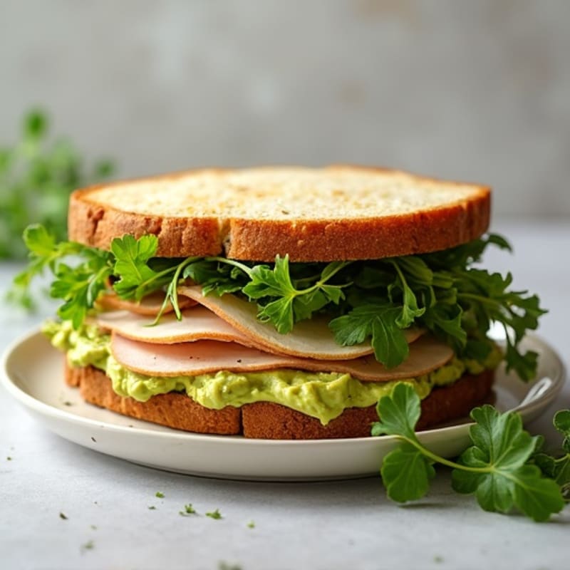 Herb-Roasted Turkey Sourdough Sandwich with Fresh Greens and Creamy Avocado
