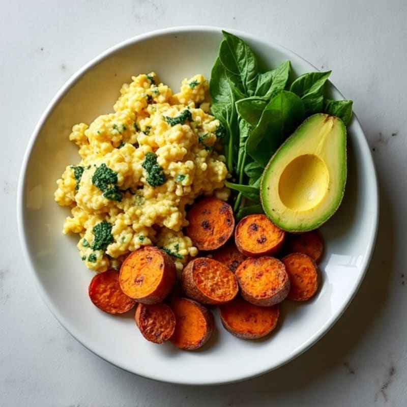 Egg White and Turkey Sausage Scramble with Spinach and Roasted Sweet Potatoes