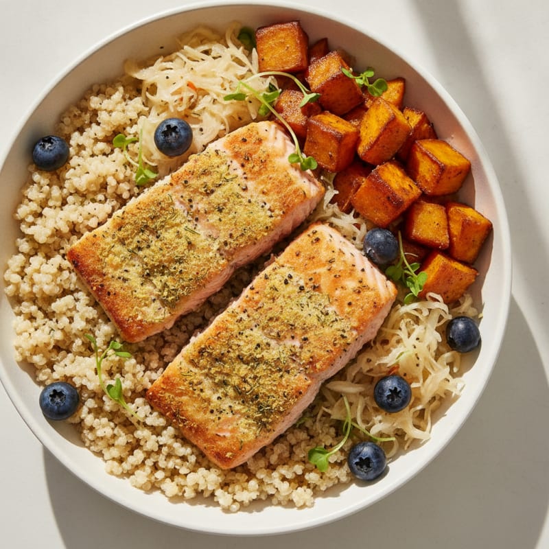 Herb-Crusted Salmon Quinoa Bowl with Roasted Sweet Potato