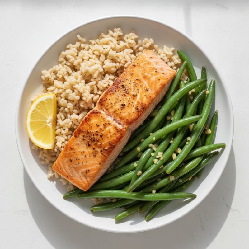 Seared Salmon with Garlic Green Beans and Brown Rice