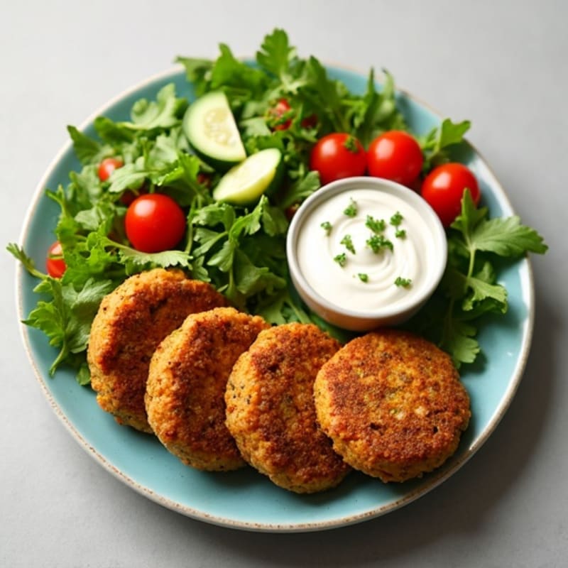 Crispy Falafel with Creamy Tahini Sauce and Fresh Herb Salad with Greek Yogurt Dip