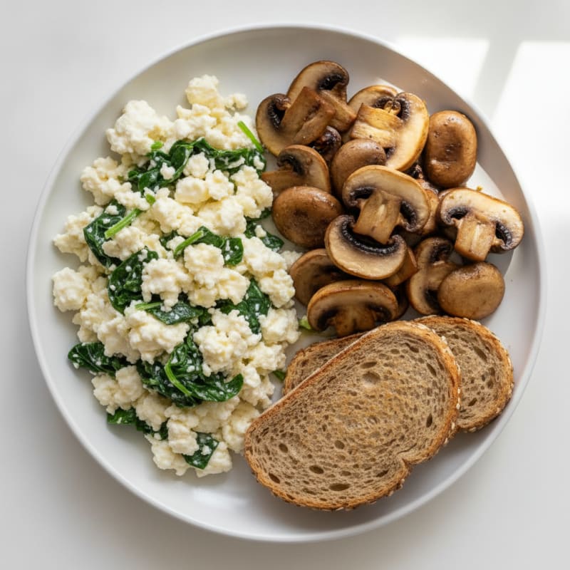 Egg White Spinach Scramble with Cottage Cheese and Sautéed Mushrooms