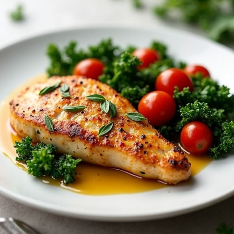 Pan-Seared Chicken with Garlicky Sautéed Kale and Burst Cherry Tomatoes