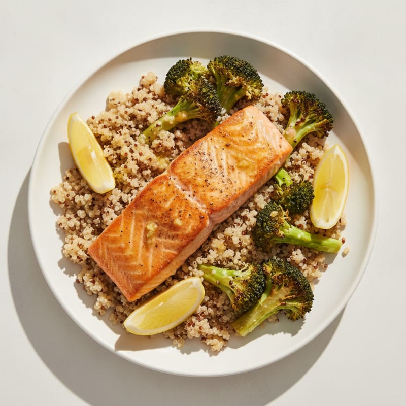 Seared Salmon Fillet with Roasted Broccoli and Quinoa
