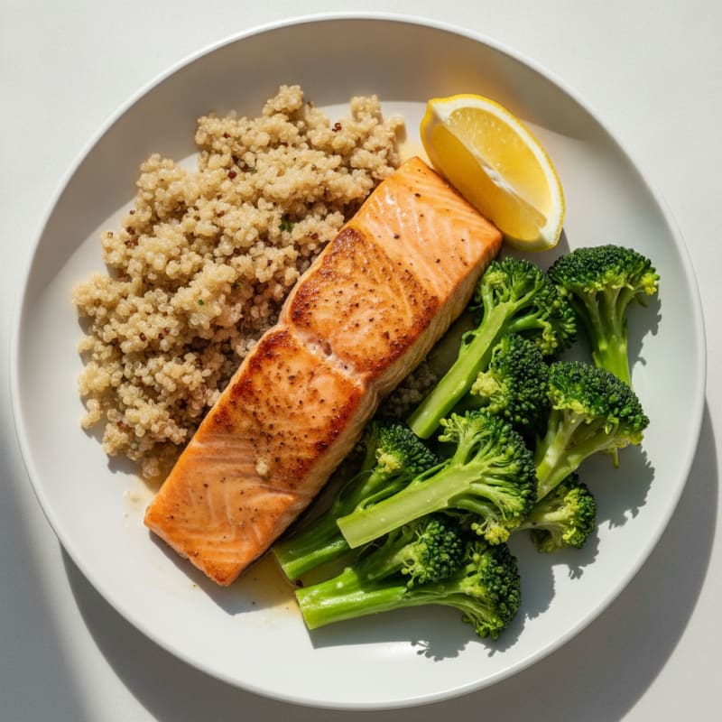 Seared Salmon with Steamed Broccoli and Quinoa