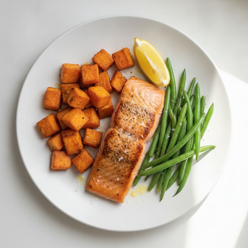 Seared Salmon Fillet with Roasted Sweet Potatoes and Green Beans