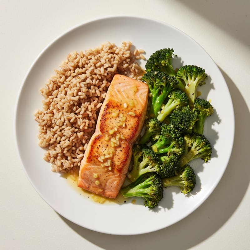Seared Salmon with Lemon-Garlic Broccoli and Brown Rice