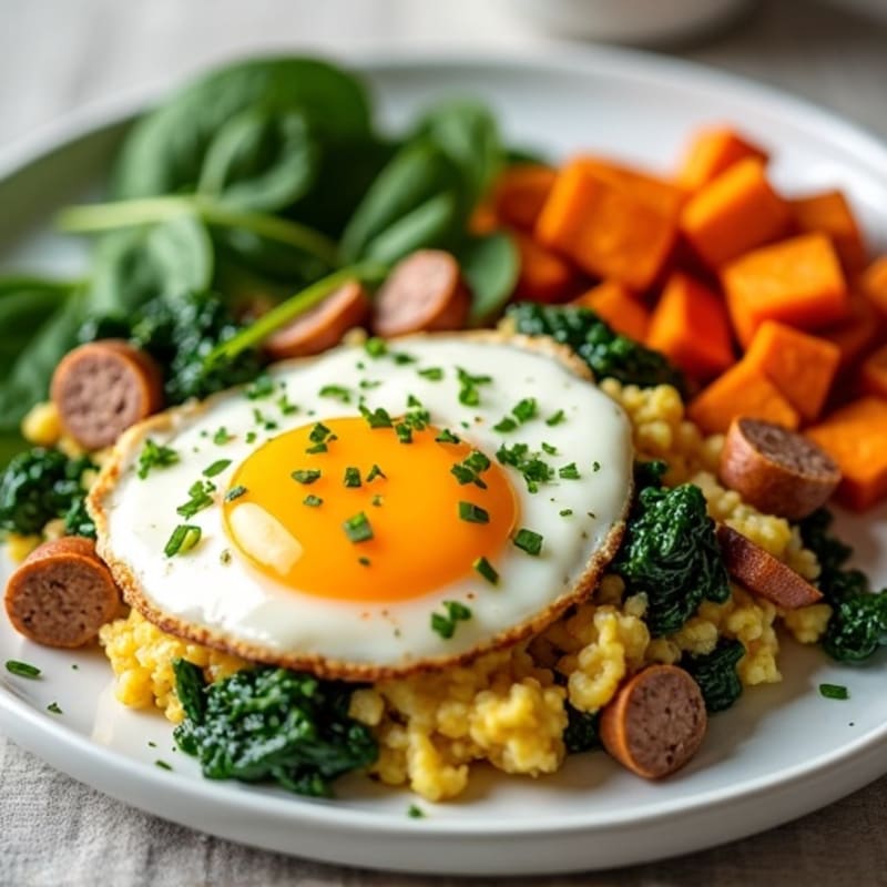 Egg White and Turkey Sausage Scramble with Spinach and Roasted Sweet Potato
