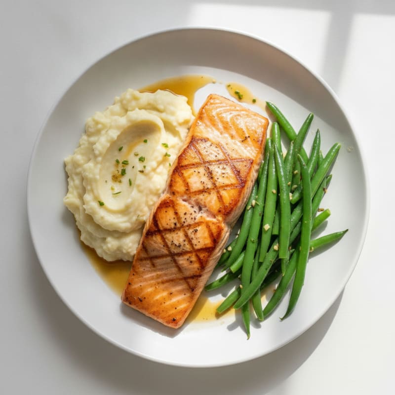 Seared Salmon with Steamed Green Beans and Garlic Mashed Cauliflower