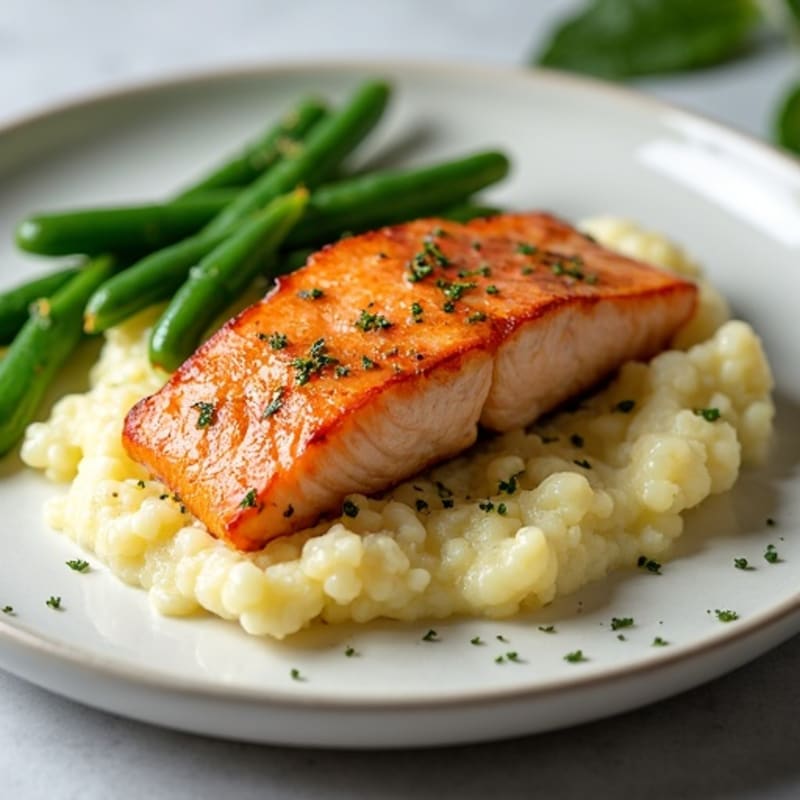 Seared Salmon with Steamed Green Beans and Garlic Cauliflower Mash