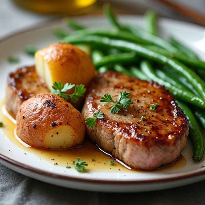 Garlic Butter Pan-Seared Steak with Crispy Roasted Potatoes and Fresh Green Beans