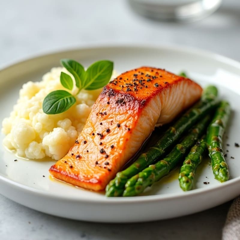Seared Salmon with Steamed Asparagus and Mashed Cauliflower
