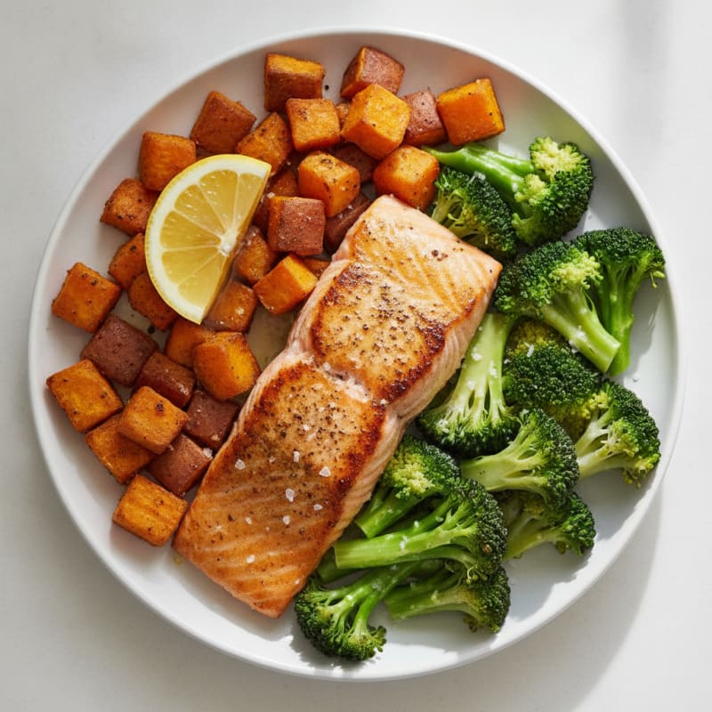 Seared Salmon with Roasted Sweet Potato and Steamed Broccoli