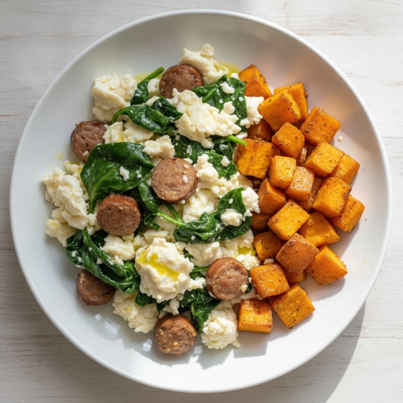 Egg White and Turkey Sausage Scramble with Spinach and Roasted Sweet Potatoes