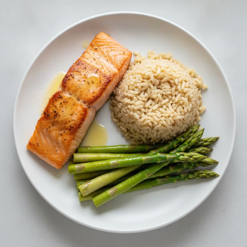 Seared Salmon with Steamed Asparagus and Brown Rice