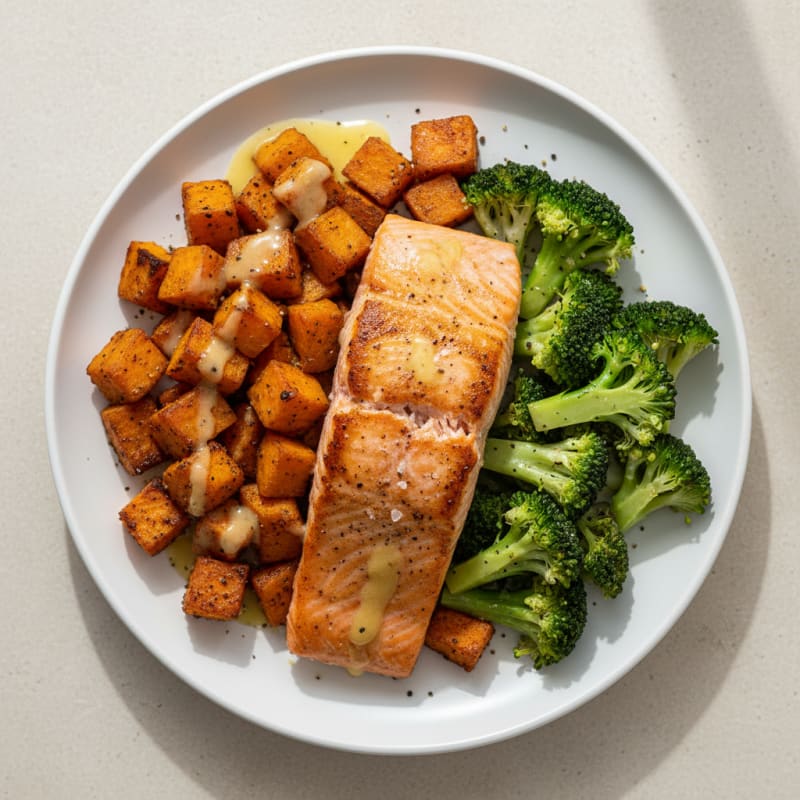 Golden Pan-Seared Salmon with Roasted Sweet Potatoes