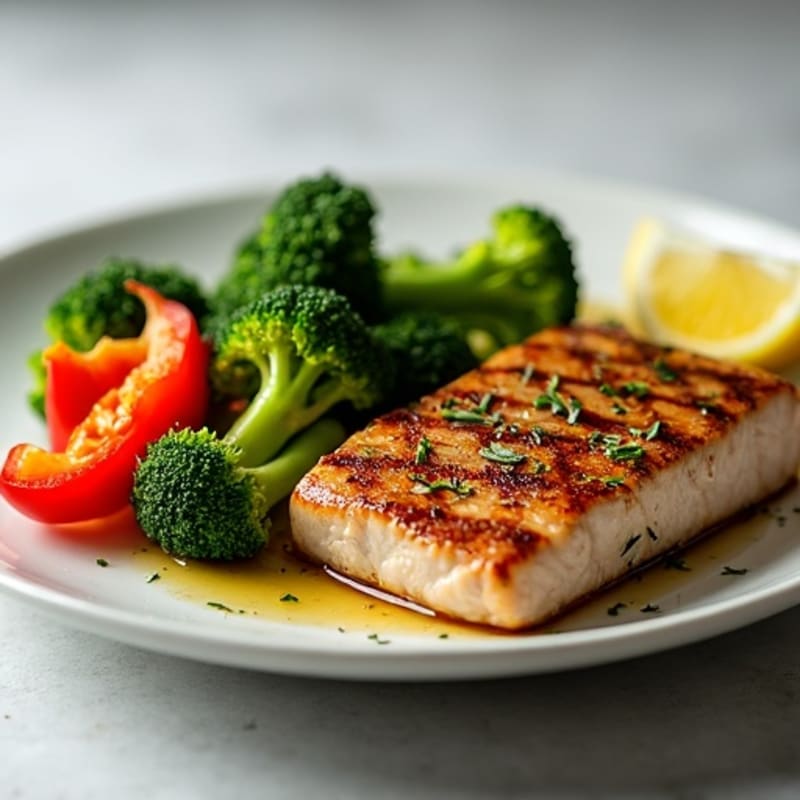 Grilled Tuna Steak with Roasted Broccoli and Red Peppers