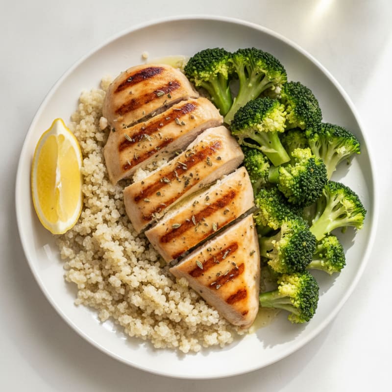 Grilled Chicken Breast with Steamed Broccoli and Quinoa
