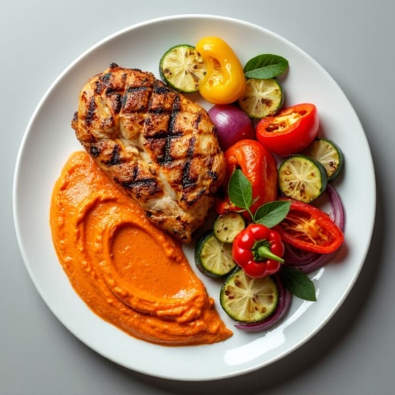 Grilled Chicken and Roasted Vegetable Plate with Creamy Roasted Red Pepper Hummus