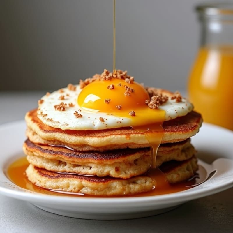 Maple-Cinnamon Kodiak Pancakes with Apple Chicken Sausage and Fried Eggs
