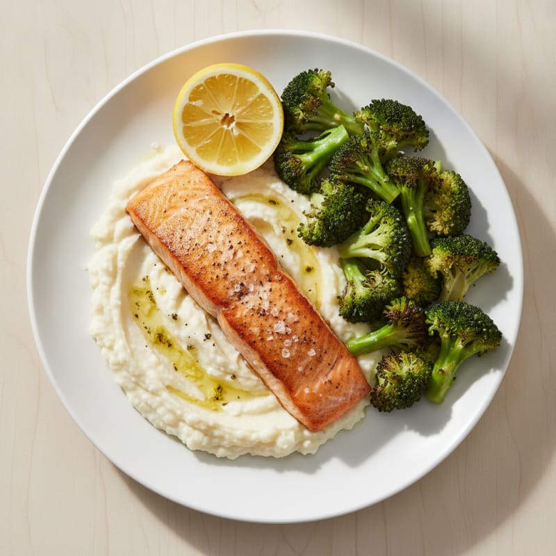 Seared Salmon with Roasted Broccoli and Cauliflower Mash