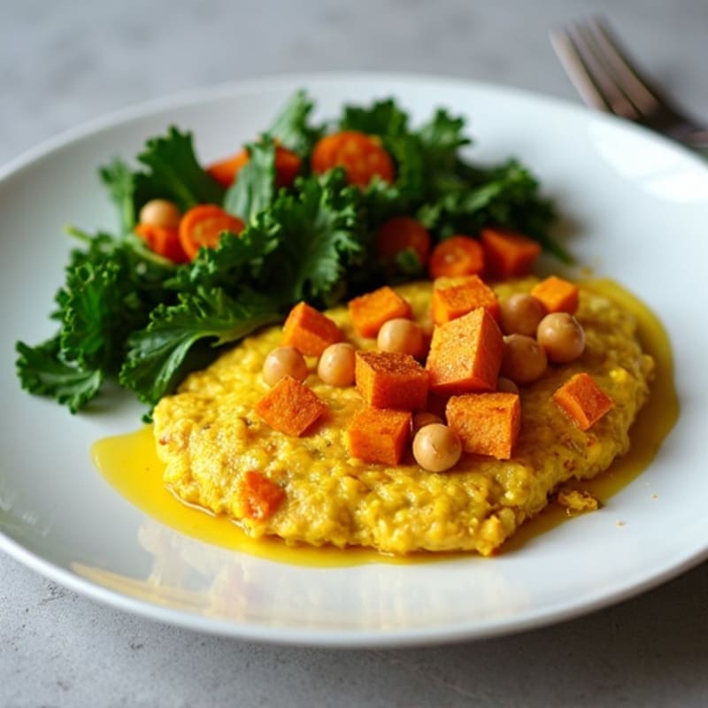 Creamy Turmeric Tofu Scramble with Roasted Sweet Potatoes and Greens