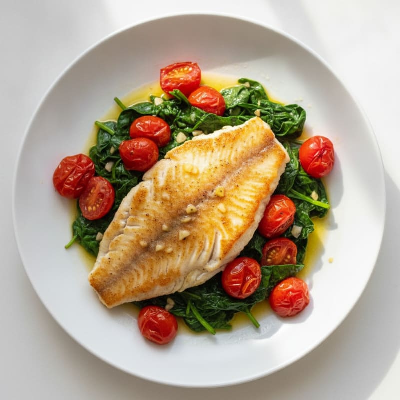 Seared Tilapia with Garlic Spinach and Roasted Cherry Tomatoes
