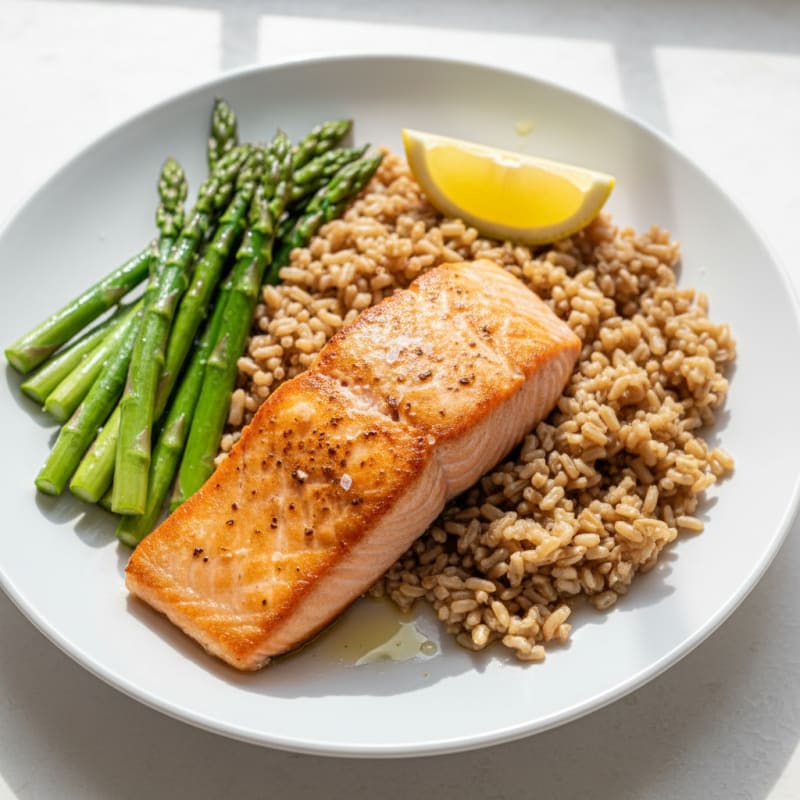 Seared Salmon with Steamed Asparagus and Brown Rice