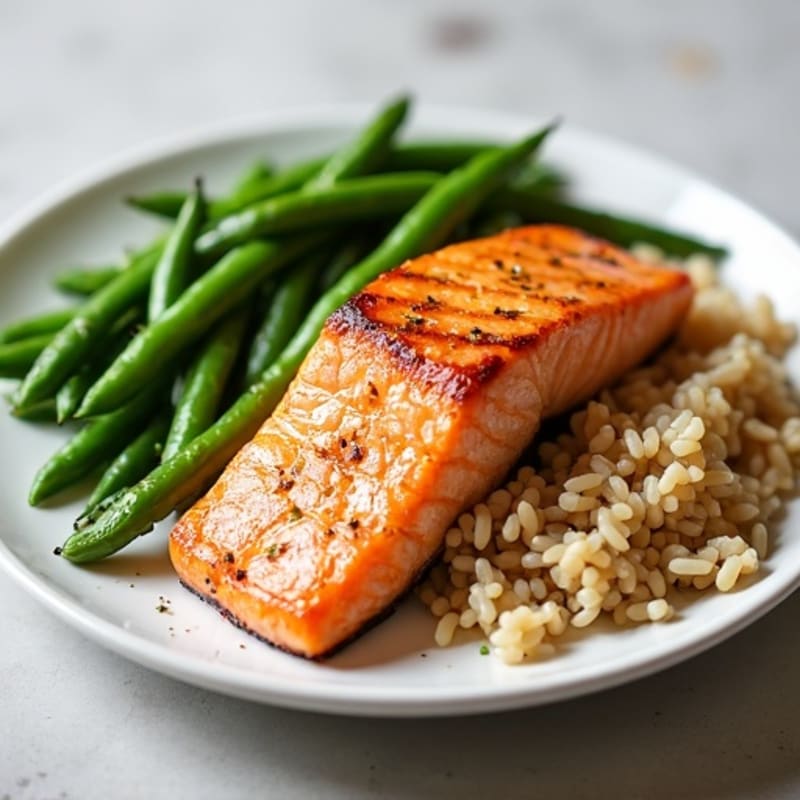 Seared Salmon with Garlic Green Beans and Brown Rice