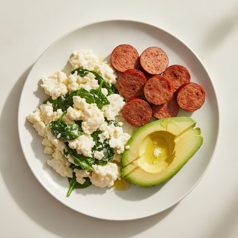 Egg White and Spinach Scramble with Seared Turkey Sausage