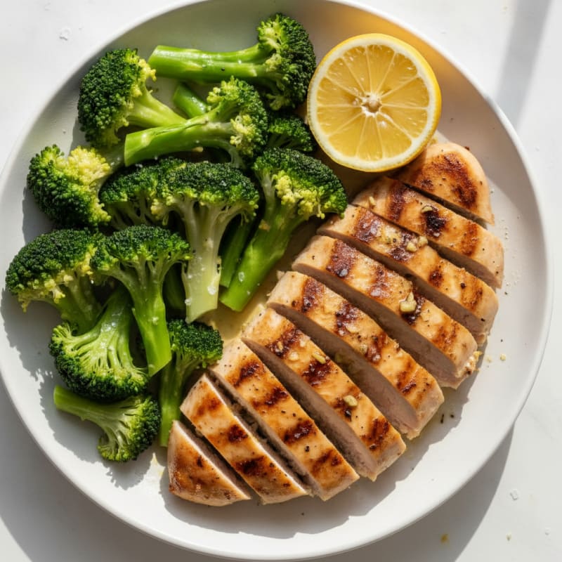Grilled Chicken Breast with Steamed Broccoli and Lemon