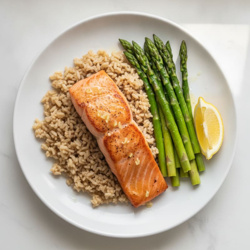 Seared Salmon with Steamed Asparagus and Brown Rice
