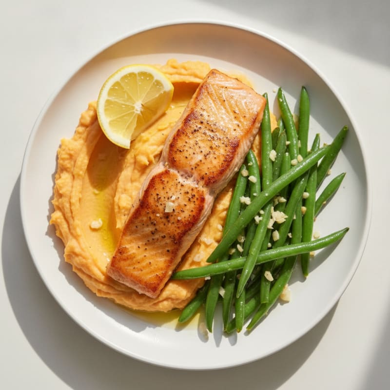 Seared Salmon with Garlic Green Beans and Creamy Mashed Sweet Potatoes