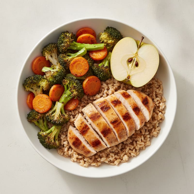 Grilled Chicken Rice Bowl with Roasted Broccoli and Carrots