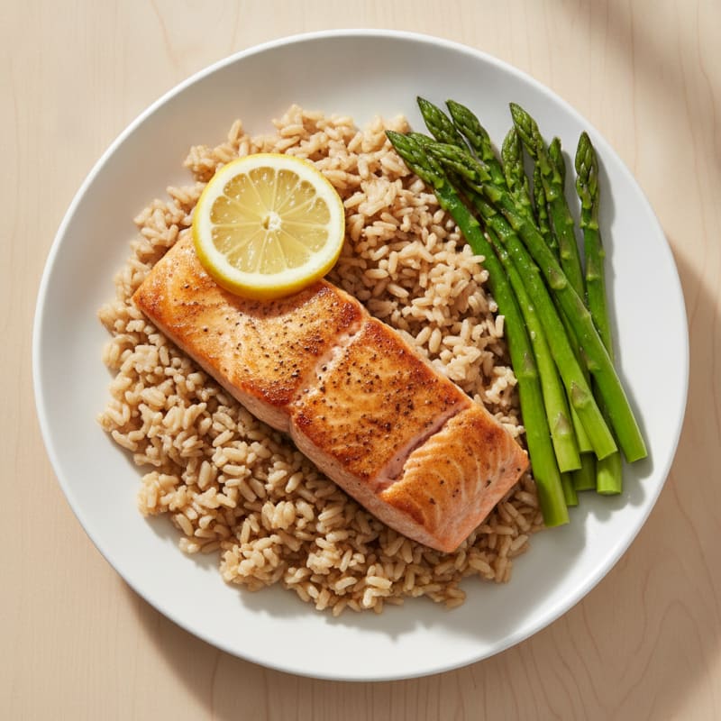 Seared Salmon Fillet with Steamed Asparagus and Brown Rice