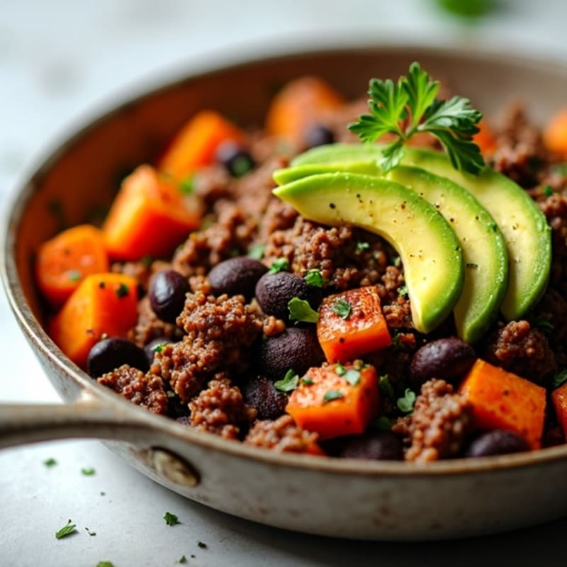 Lean Beef and Black Bean Skillet with Roasted Sweet Potato