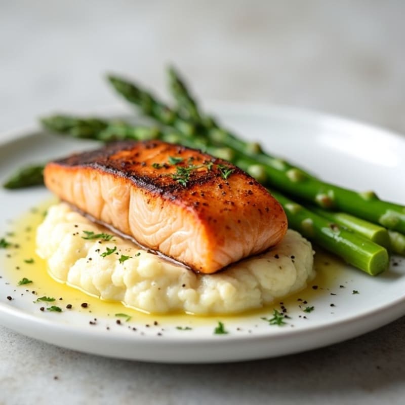 Seared Salmon with Steamed Asparagus and Garlic Cauliflower Mash