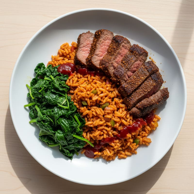 Grilled Spiced Beef with Jollof Rice and Steamed Spinach
