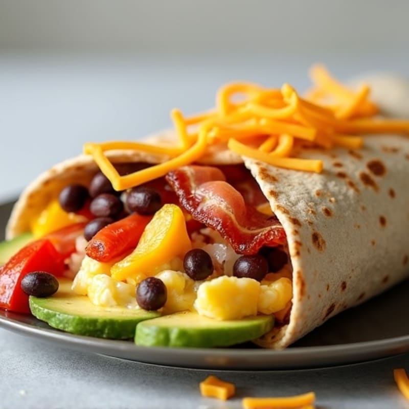 Crispy Turkey Bacon and Egg White Breakfast Burrito with Cheddar