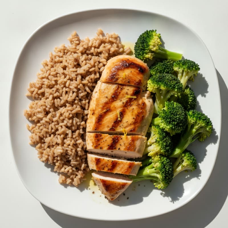 Grilled Chicken Breast with Steamed Broccoli and Brown Rice